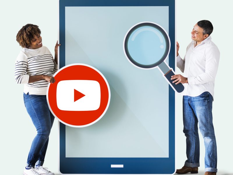 People holding a YouTube icon and a tablet